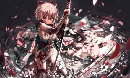 Sakura Saber from Fate/Grand Order stands gracefully amidst swirling petals and water, wielding her sword. This HD anime wallpaper captivates with its vibrant colors and striking detail.