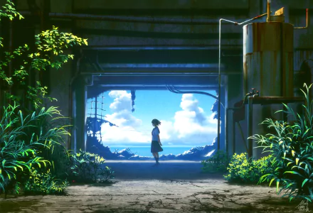 An original anime HD desktop wallpaper featuring a figure walking towards a bright, serene landscape with vibrant plants and a clear blue sky.