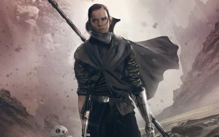 Rey from Star Wars: The Rise of Skywalker stands heroically in a desolate landscape, with a lightsaber and BB-8 by her side, captured in a dramatic HD desktop wallpaper.