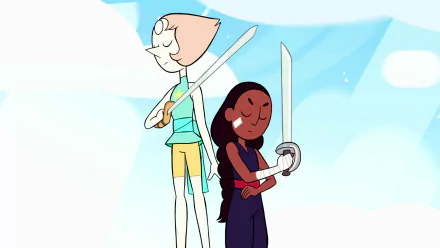HD desktop wallpaper featuring Connie Maheswaran and Pearl from the TV show Steven Universe, both holding swords against a bright sky background.
