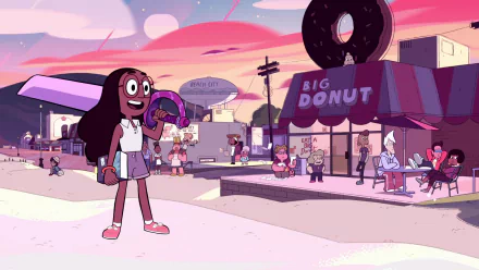 Lars Barriga and Connie Maheswaran from the TV show Steven Universe stand outside Big Donut in a vibrant HD desktop wallpaper scene.