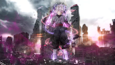 HD desktop wallpaper of Black Goku from Dragon Ball Super. The image features Black Goku standing in a ruined urban landscape, with a dark and intense atmosphere.