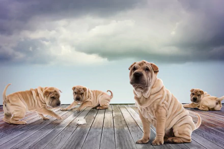 4K Ultra HD wallpaper featuring four Shar Pei dogs lounging and playing on a wooden deck under a cloudy sky with a small mouse nearby.