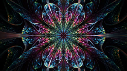 Vibrant fractal design with intricate, colorful patterns radiating symmetrically, creating a mesmerizing abstract HD desktop wallpaper and background.