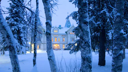 Snow-covered trees frame Fjällnäs Castle in Sweden during winter, with warm lights glowing from its windows against a serene, snowy landscape.