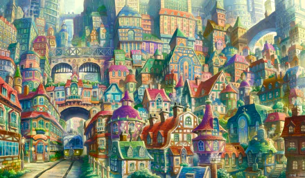 A vibrant, colorful fantasy anime cityscape with intricately detailed houses and buildings, creating a lively and enchanting HD desktop wallpaper background.
