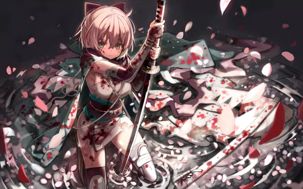 Sakura Saber from Fate/Grand Order stands gracefully amidst swirling petals and water, wielding her sword. This HD anime wallpaper captivates with its vibrant colors and striking detail.