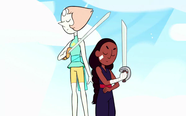 HD desktop wallpaper featuring Connie Maheswaran and Pearl from the TV show Steven Universe, both holding swords against a bright sky background.