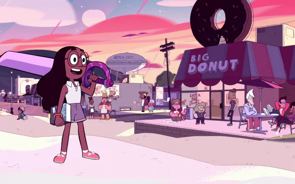 Lars Barriga and Connie Maheswaran from the TV show Steven Universe stand outside Big Donut in a vibrant HD desktop wallpaper scene.