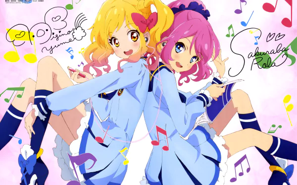 Anime-inspired image featuring characters from Aikatsu!, showcasing vibrant colors and musical notes, designed as a 4K Ultra HD PC desktop wallpaper and background.
