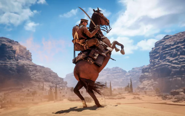 HD PC desktop wallpaper featuring a soldier on a rearing horse in a desert landscape from the video game Battlefield 1.