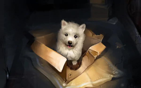 HD painting of a white puppy sitting inside a torn box, captured as an animal-themed PC desktop wallpaper and background.