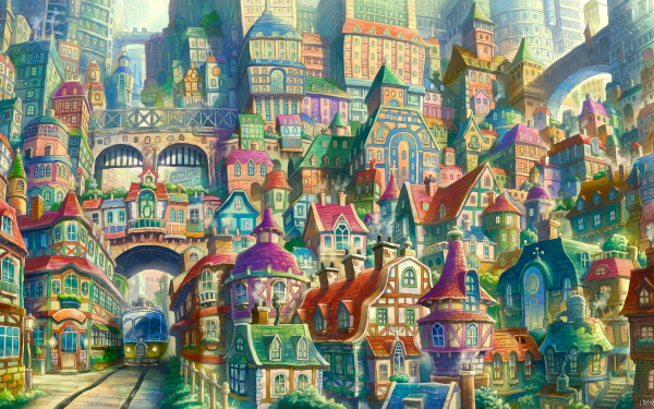 Anime City Colorful Colors House Fantasy HD Wallpaper | Background Image