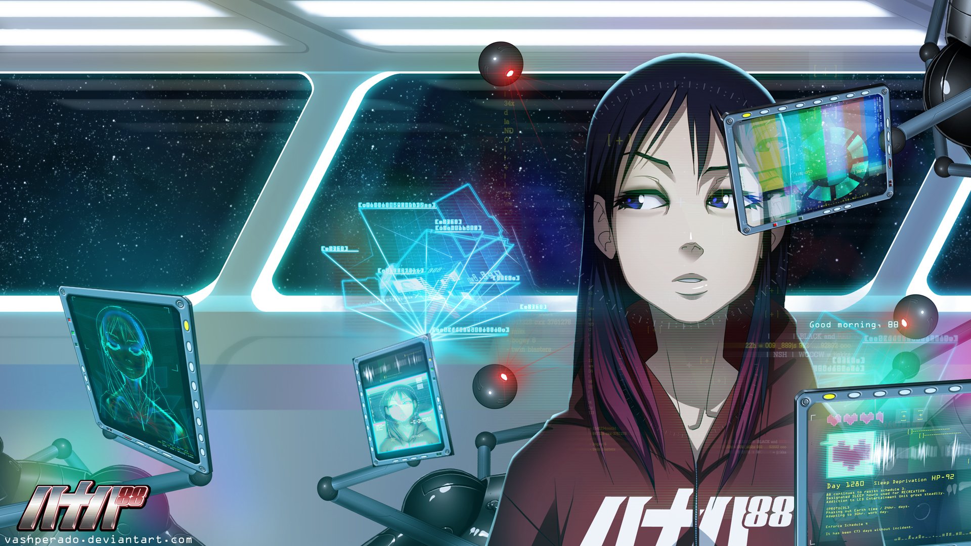 HD anime-style desktop wallpaper featuring the original character 88 surrounded by futuristic holographic screens inside a spaceship.