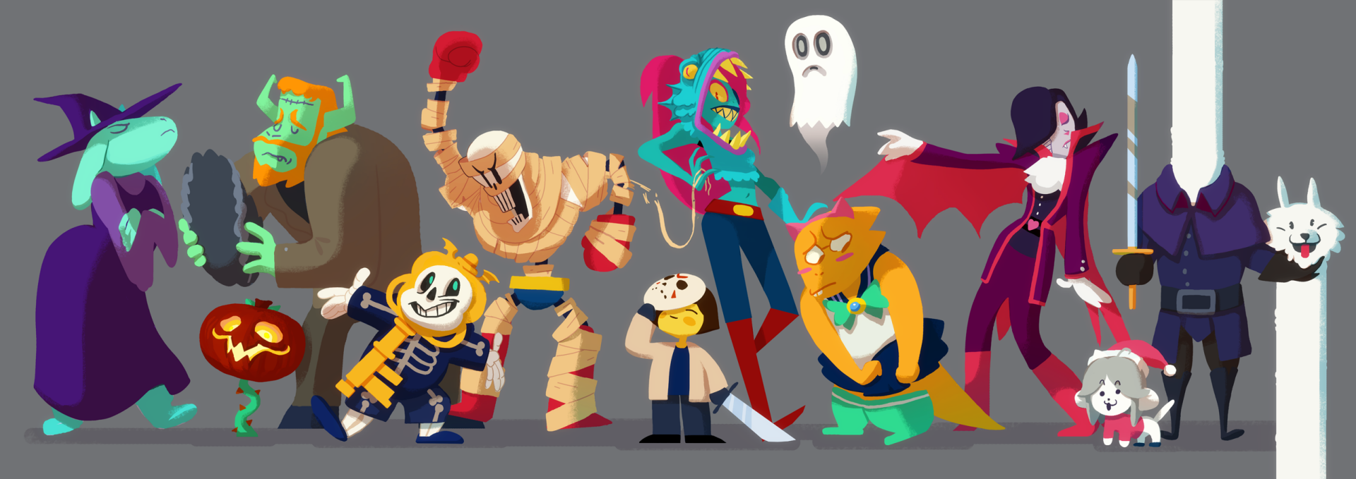 A vibrant HD desktop wallpaper featuring characters from Undertale, including Napstablook, Lesser Dog, Temmie, Mettaton EX, Alphys, Undyne, Papyrus, Sans, Flowey, Asgore, Toriel, and Frisk, in a Halloween theme.