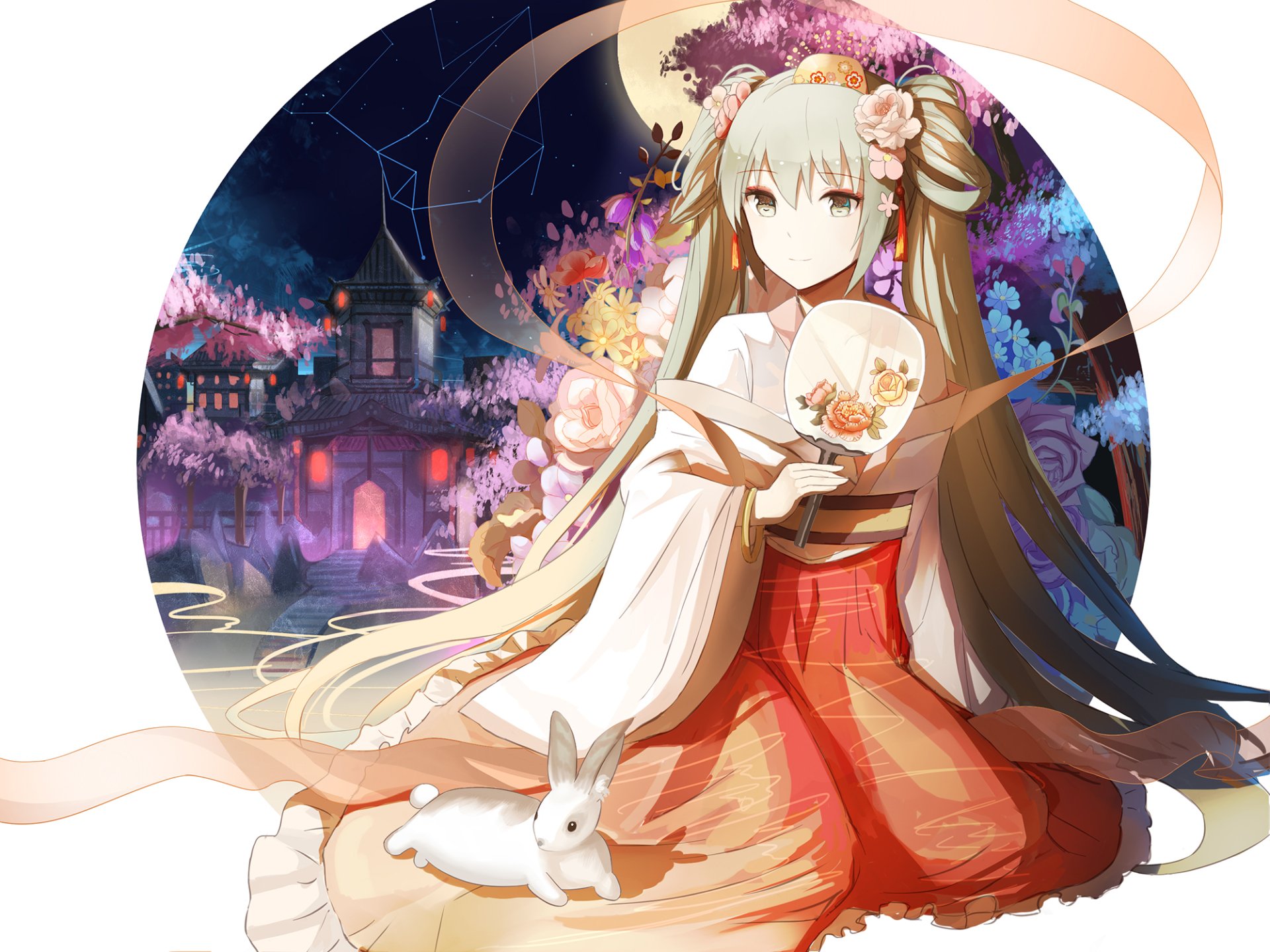A vibrant HD wallpaper featuring Hatsune Miku from the Vocaloid series, adorned in traditional attire, surrounded by blooming flowers and an enchanting nighttime backdrop.