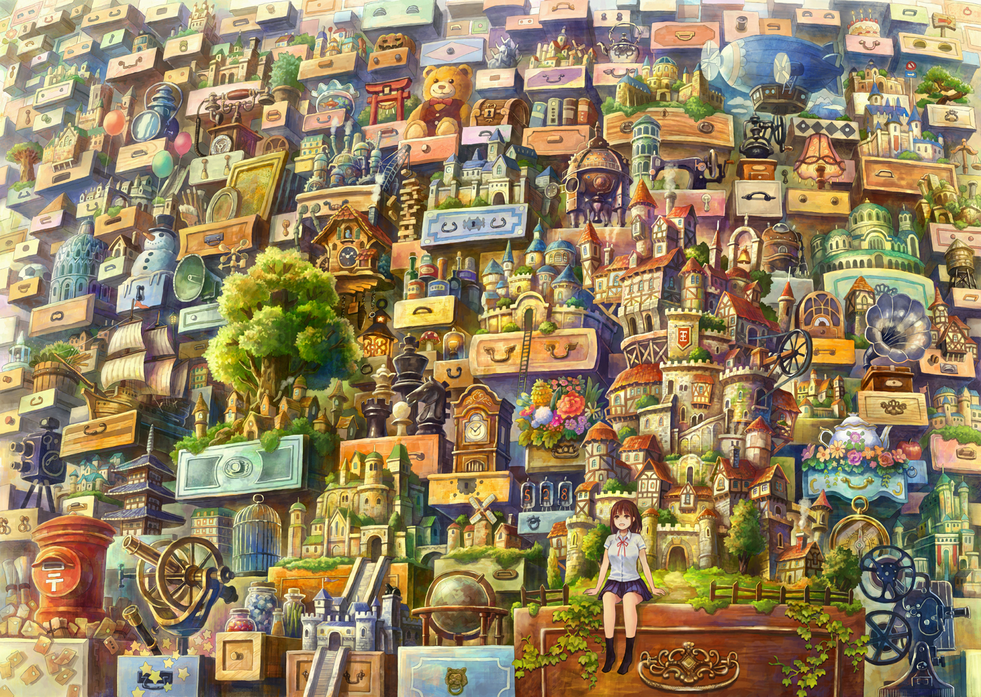HD anime-style original desktop wallpaper featuring a vibrant, detailed collage of whimsical buildings, objects, and a girl sitting amidst the colorful, imaginative landscape.