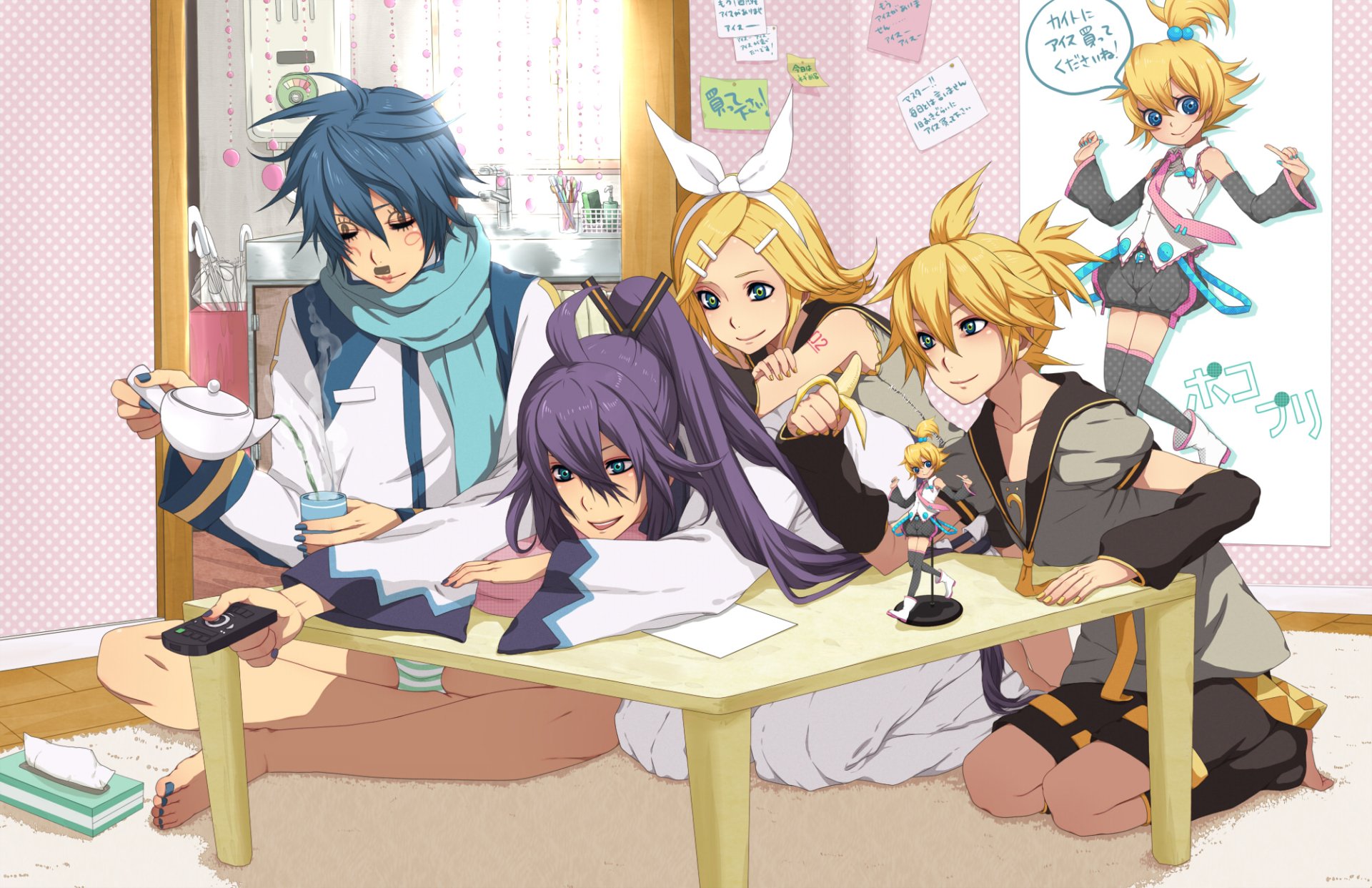 HD PC desktop wallpaper/background of Vocaloid anime characters Kaito, Kamui Gakupo, and Rin & Len Kagamine gathered around a low table in a cozy, pastel-decorated room.