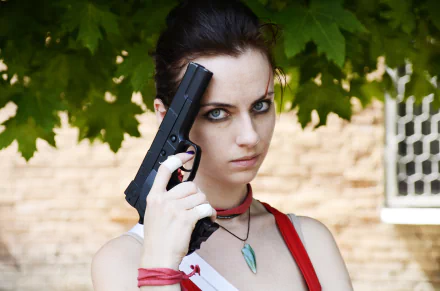 Cosplay of Vaas Montenegro from Far Cry 3, featuring a woman holding a gun, set against a leafy background, captured in 4K Ultra HD for PC desktop wallpaper.