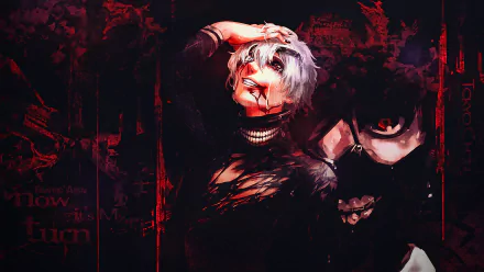 A striking HD wallpaper featuring Ken Kaneki from Tokyo Ghoul, showcasing his white hair, heterochromia eyes, and a blood-drenched expression, capturing a blend of horror and emotion.