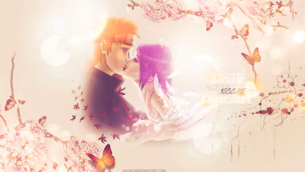 A vibrant HD desktop wallpaper featuring Konan and Pain from Naruto, surrounded by blossoms and butterflies, capturing an intimate moment in a colorful anime aesthetic.