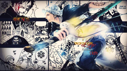 Trafalgar Law from One Piece is featured in this dynamic HD desktop wallpaper, showcasing his iconic swordsmanship against a backdrop of striking comic-style art.