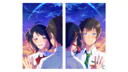 HD desktop wallpaper featuring anime characters Taki Tachibana and Mitsuha Miyamizu from Your Name. They are reaching out to each other against a vibrant sunset sky with a celestial arc overhead.