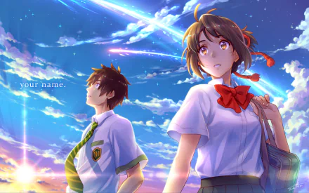 HD desktop wallpaper featuring Taki Tachibana and Mitsuha Miyamizu from the anime Your Name. against a vibrant sky with streaking meteors and clouds.