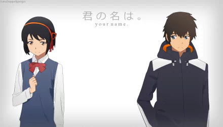HD desktop wallpaper featuring anime characters Mitsuha Miyamizu and Taki Tachibana from Your Name. standing against a minimalist white background with the movie's title in Japanese and English.