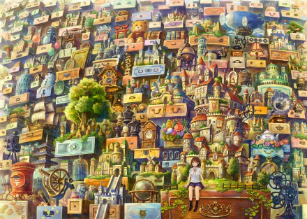 HD anime-style original desktop wallpaper featuring a vibrant, detailed collage of whimsical buildings, objects, and a girl sitting amidst the colorful, imaginative landscape.