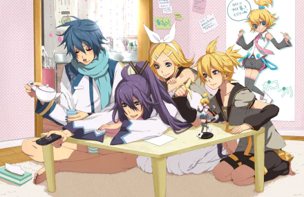 HD PC desktop wallpaper/background of Vocaloid anime characters Kaito, Kamui Gakupo, and Rin & Len Kagamine gathered around a low table in a cozy, pastel-decorated room.