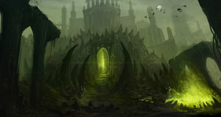 A dark fantasy scene featuring a towering, ominous building with a glowing green gate, surrounded by jagged rocks and eerie mist in an HD PC desktop wallpaper.