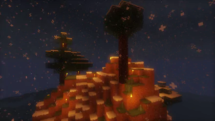 A Minecraft scene at night with snowfall, featuring blocky trees and glowing torches, rendered as an HD PC desktop wallpaper background.