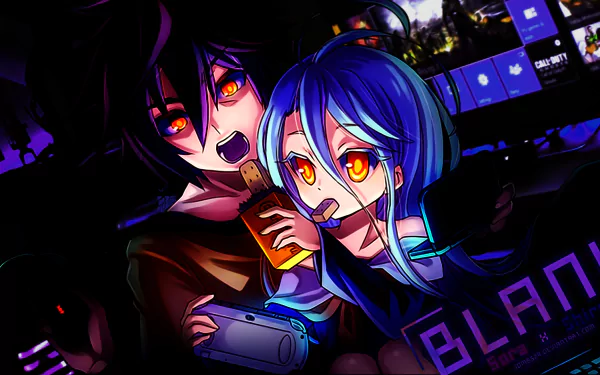 A vibrant HD desktop wallpaper featuring characters from No Game No Life, showcasing their striking orange eyes and playful expressions against a colorful backdrop.