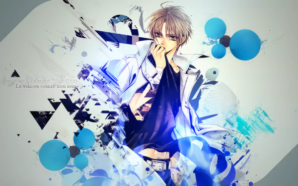 HD PC desktop wallpaper of The Betrayal Knows My Name: a silver-haired anime character in layered clothing surrounded by abstract blue geometric shapes and fragments.