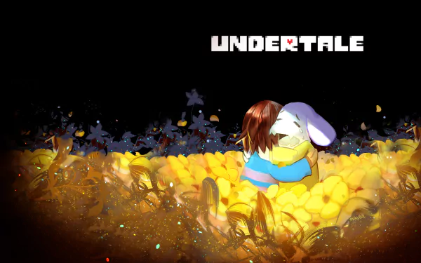 A heartwarming scene from Undertale featuring Frisk and Asriel embracing amidst a sea of golden flowers, set against a dark background with the game's title prominently displayed.