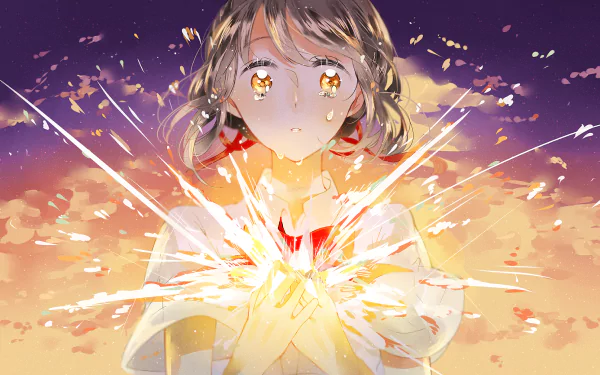 HD desktop wallpaper featuring Mitsuha Miyamizu from Your Name., an anime. The image shows Mitsuha with teary eyes, holding a glowing, fragmented object against a vibrant sky backdrop.