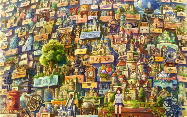 HD anime-style original desktop wallpaper featuring a vibrant, detailed collage of whimsical buildings, objects, and a girl sitting amidst the colorful, imaginative landscape.