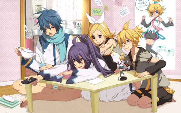 HD PC desktop wallpaper/background of Vocaloid anime characters Kaito, Kamui Gakupo, and Rin & Len Kagamine gathered around a low table in a cozy, pastel-decorated room.