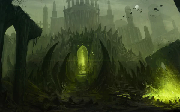 A dark fantasy scene featuring a towering, ominous building with a glowing green gate, surrounded by jagged rocks and eerie mist in an HD PC desktop wallpaper.
