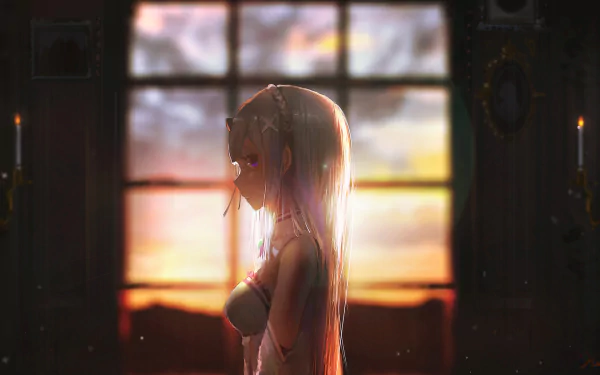 HD desktop wallpaper featuring Emilia from the anime Re:Zero - Starting Life in Another World. She stands illuminated by soft, golden light from a large window backdrop, creating a serene and mystical atmosphere.