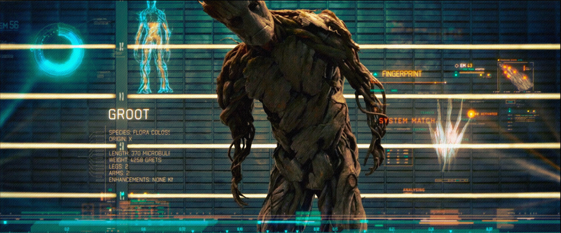 HD PC desktop wallpaper featuring Groot from the movie Guardians of the Galaxy, displayed with futuristic biometric scanning and data overlays.