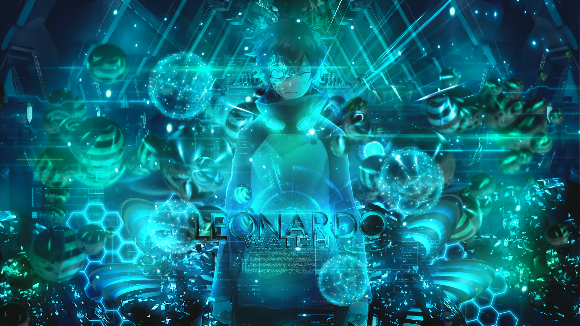 HD PC desktop wallpaper featuring Leonardo Watch from the anime Blood Blockade Battlefront in a glowing, futuristic blue environment with floating orbs and digital effects.