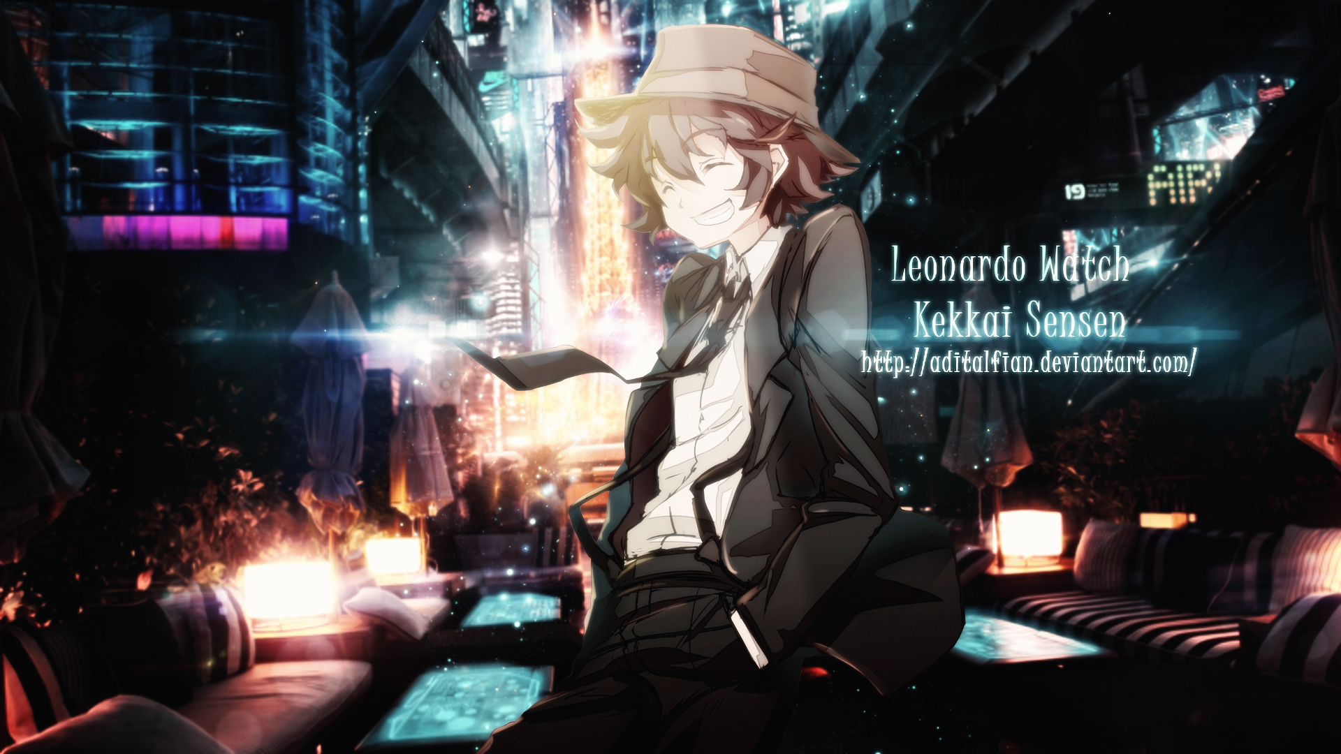 HD PC desktop wallpaper featuring Leonardo Watch from the anime Blood Blockade Battlefront, set against a vibrant, neon-lit cityscape at night.