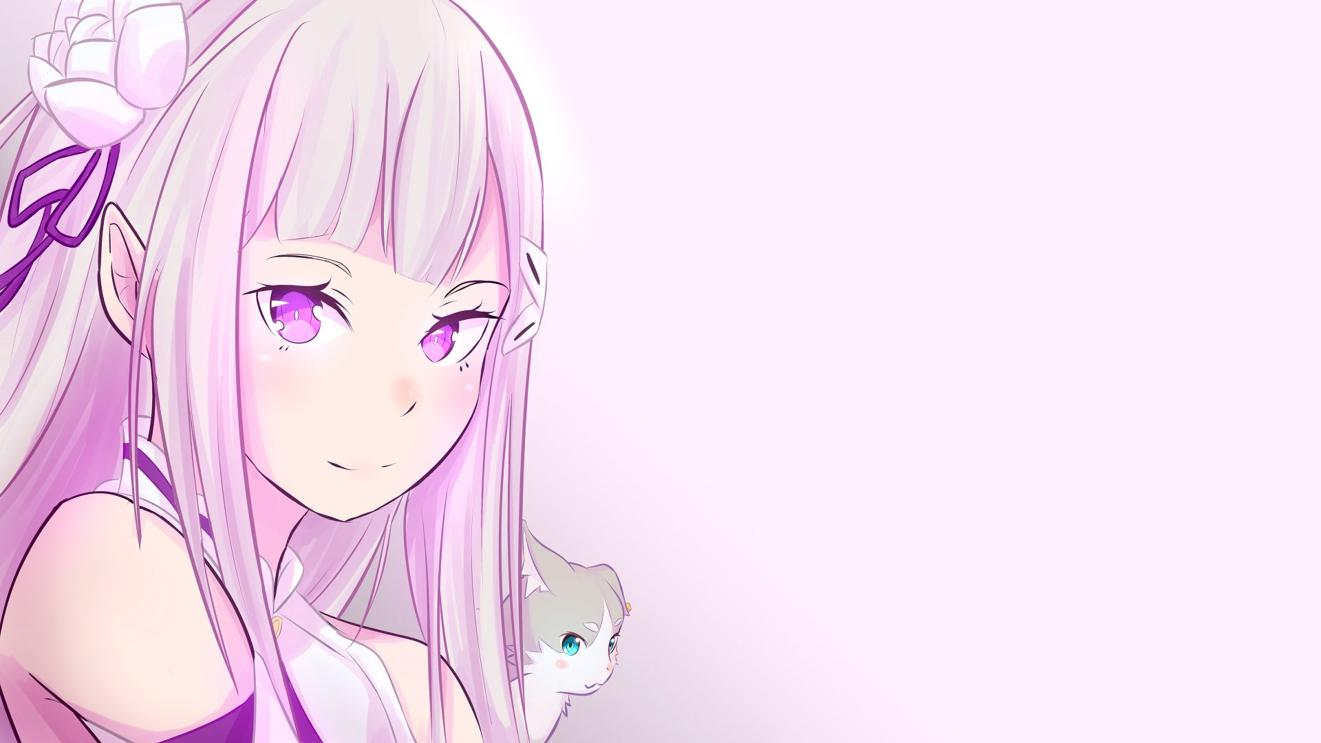 4K Ultra HD PC wallpaper of Emilia from Re:Zero - Starting Life in Another World — anime portrait with lavender hair and purple eyes, soft pink background and a small cat peeking over her shoulder.