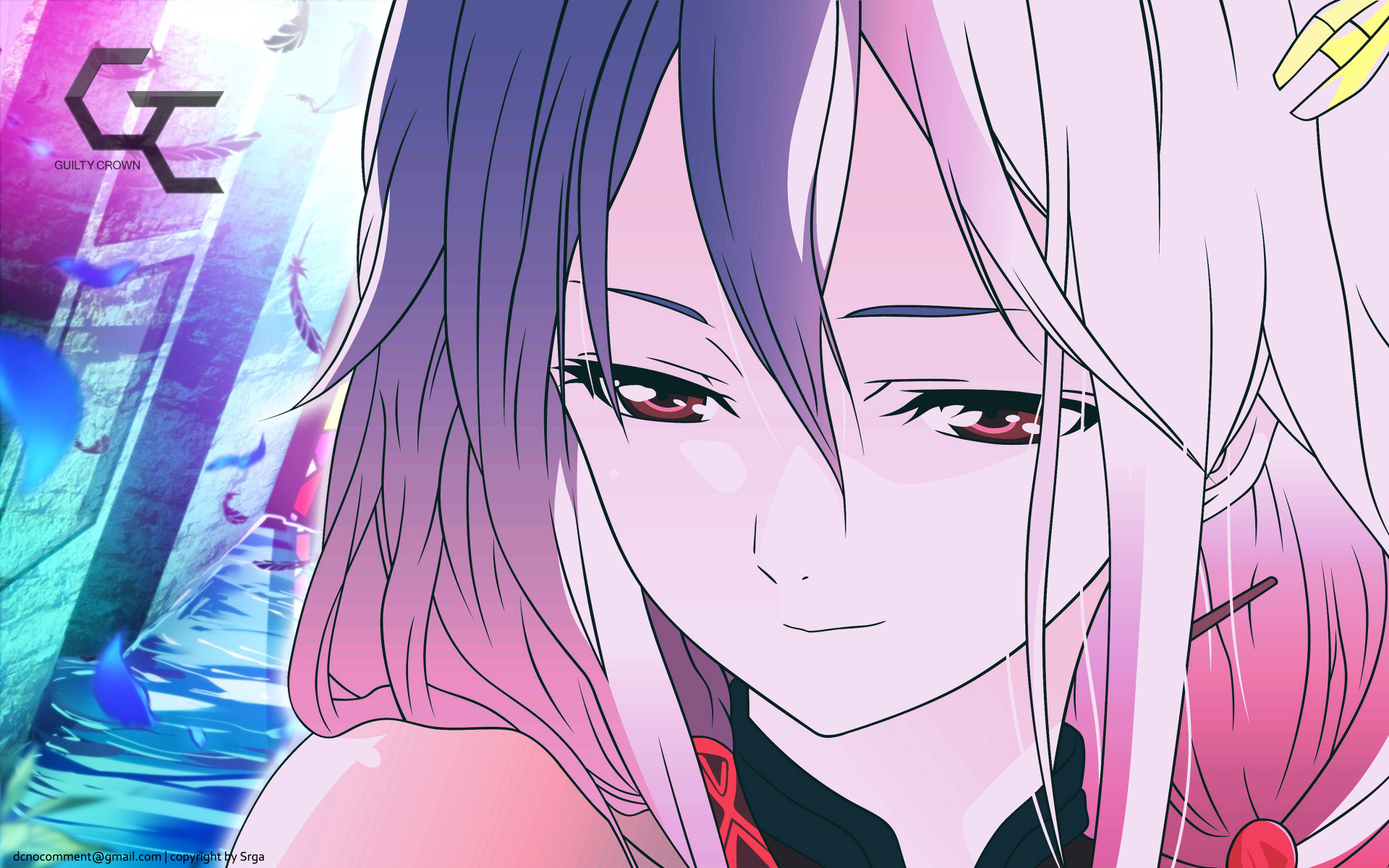 A vibrant 4K Ultra HD wallpaper featuring Inori Yuzuriha from the anime Guilty Crown, showcasing her expressive eyes and a colorful background.