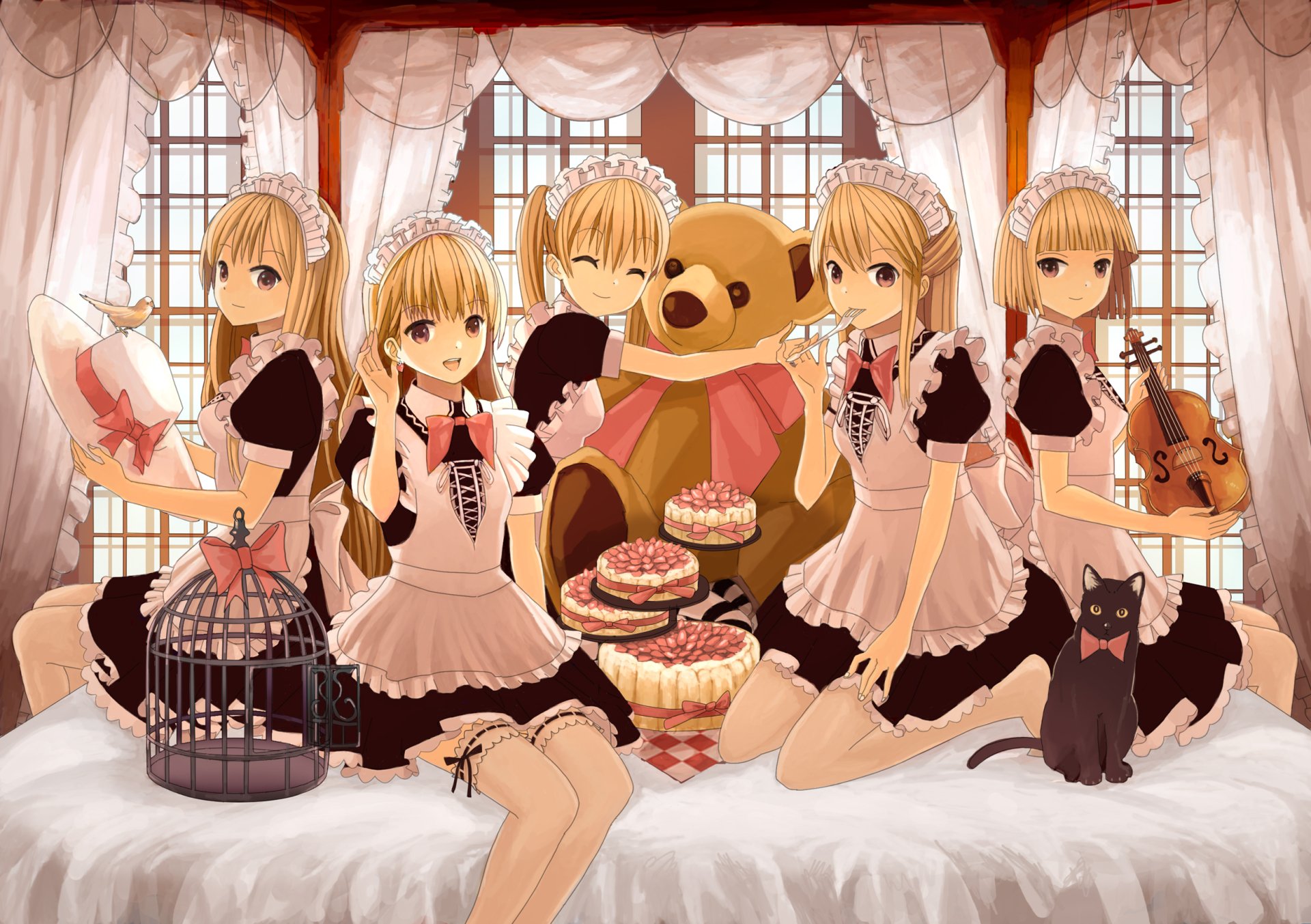 Anime-style HD PC desktop wallpaper featuring multiple identical maid characters with a teddy bear, desserts, a violin, a black cat, and a birdcage in a cozy room setting.