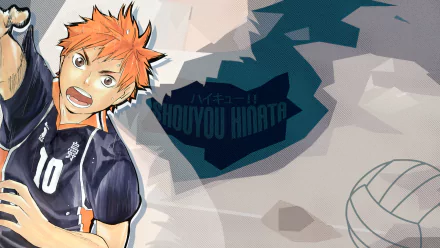 Anime HD PC desktop wallpaper featuring Shōyō Hinata from Haikyū!! in his No.10 volleyball uniform, mid-jump with a ball against a stylized geometric background.