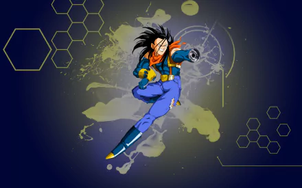 Super Android 17 from Dragon Ball GT strikes a dynamic pose against a vivid blue and green background, showcasing his powerful presence in this HD desktop wallpaper.