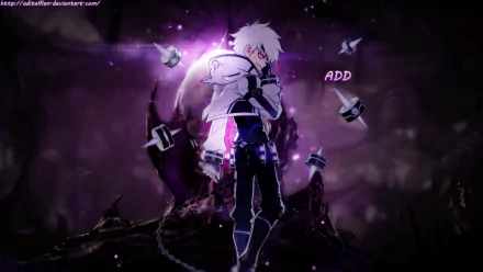 HD PC desktop wallpaper featuring a dark, intense scene from the video game Elsword with a white-haired character surrounded by floating mechanical arms.